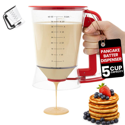 Eggssentials - Pancake dispenser, 5-Cup/1200ml Pancake Dispenser for Batter, Cupcake Batter Dispenser, Waffles & Crepes, Easy Squeeze Handle, Dishwasher Safe - Red Pancake Mix Dispenser
