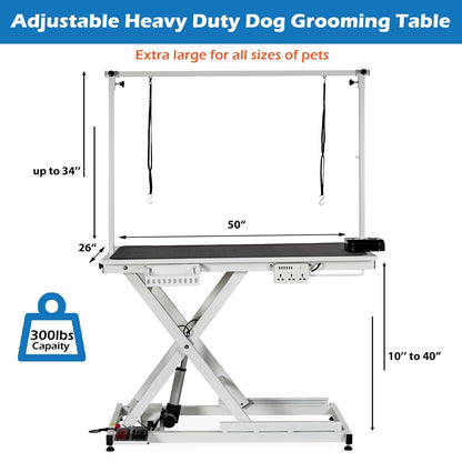 50" Hydraulic Dog Grooming Table for Pet, Professional Electric Dog Groom-ing Table, Heavy Duty Height Adjustable Pet Grooming Tabl-e with Grooming Arm &Anti Slip Tabletop, Capacity Up to 300LB, White