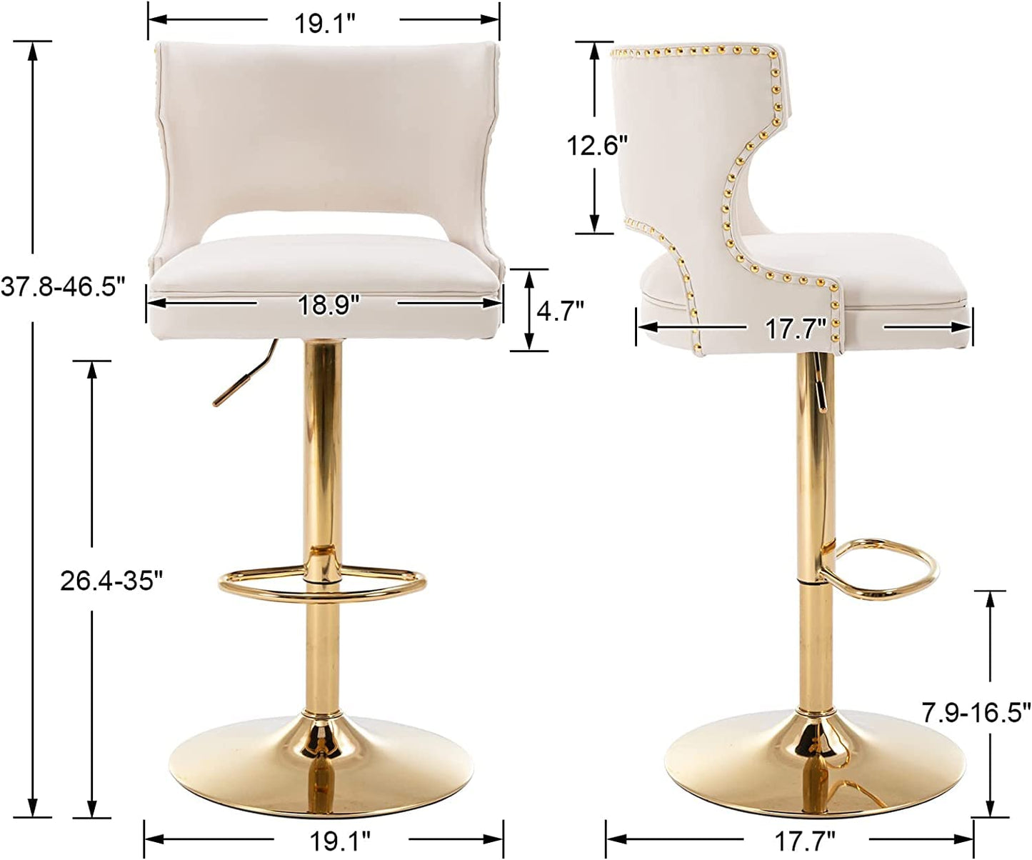 ROCITY Beige Bar Stools Set of 2 Swivel Counter Height Barstools with Back Faux Leather Bar Chairs with Gold Base Adjustable Modern Kitchen Island for Dining Room Home Bar, Rivet Decoration