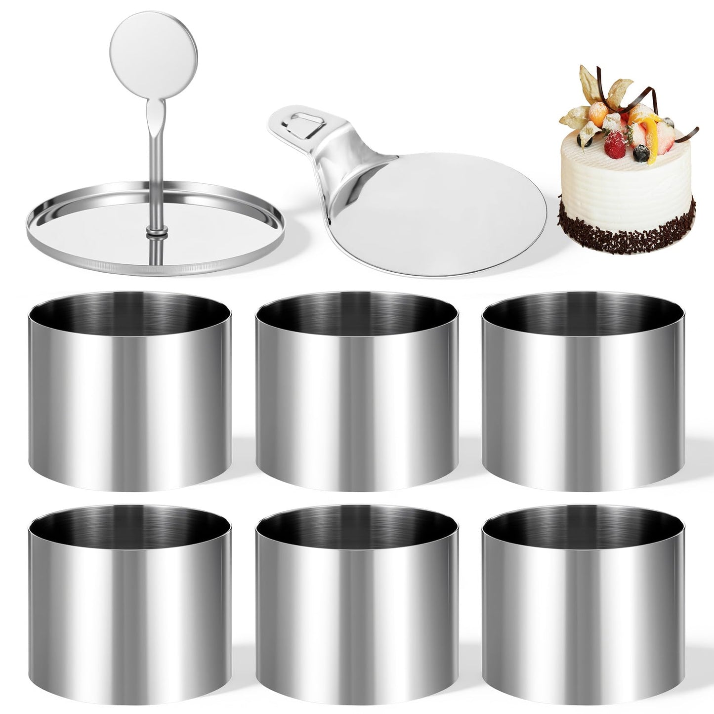 6 Pack Round Cake Ring Molds, Seamless Round Stainless Steel Cake Ring, Mousse Rings 3 Inch Pastry Cutter 3" Crumpet Rings, Stainless Steel Dessert Cooking Molds with Presser & Lifter for Baking
