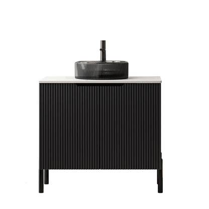 GDFStudio 30" Freestanding Bathroom Vanity with Sink, Turio Black Storage Cabinet with Double Doors, Carrara White Sintered Stone Countertop, Soft Close System, Modern Black Round Glass Basin