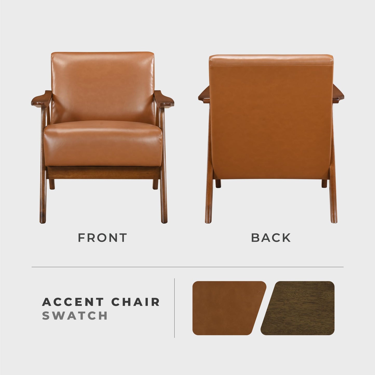 Lexicon Mid Century Modern Accent Chair with Solid Wood Frame in Walnut Finish, Faux Leather Living Room Lounge Arm Chair, Thick and Comfy Innerspring Seat Cushion, Brown