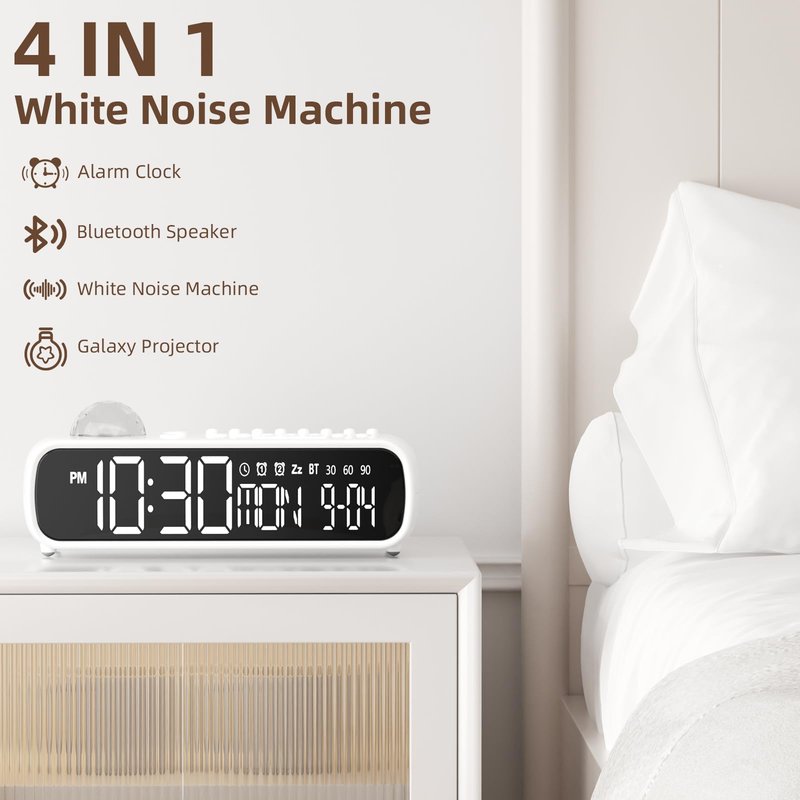 VOILEIPAGI White Noise Sound Machine with Clock for Baby Kids Adults, with 8 Soothing Sounds for Office & Sleeping, 30/60/90 Mins Timer, Bluetooth Speaker, Star Projector Galaxy Light for Home, Travel