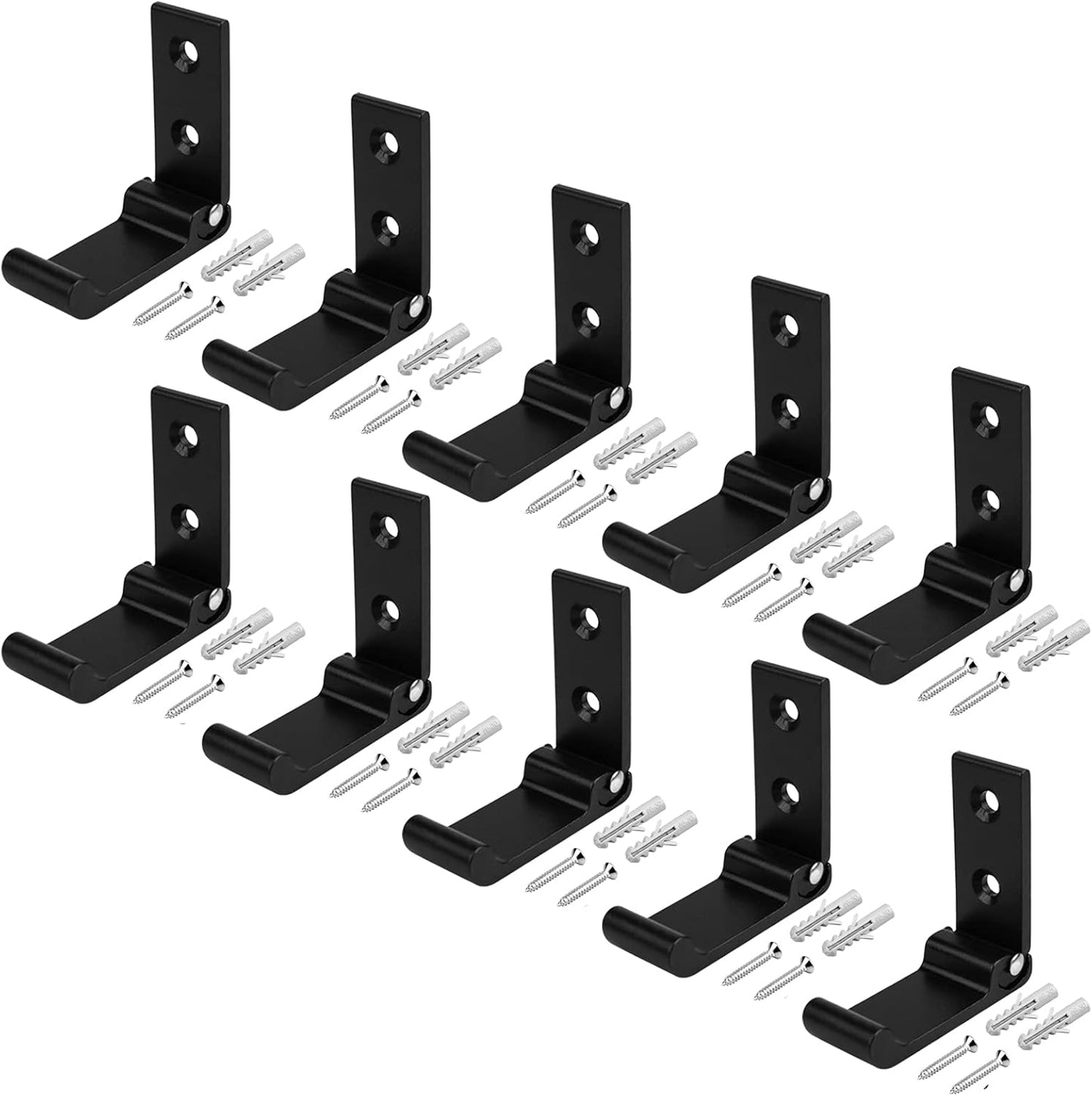 heneng 10 Pcs Black Foldable Coat Hook, 2" x 2" Aluminium Alloy Solid Hooks with Screws, Max Load 44lbs