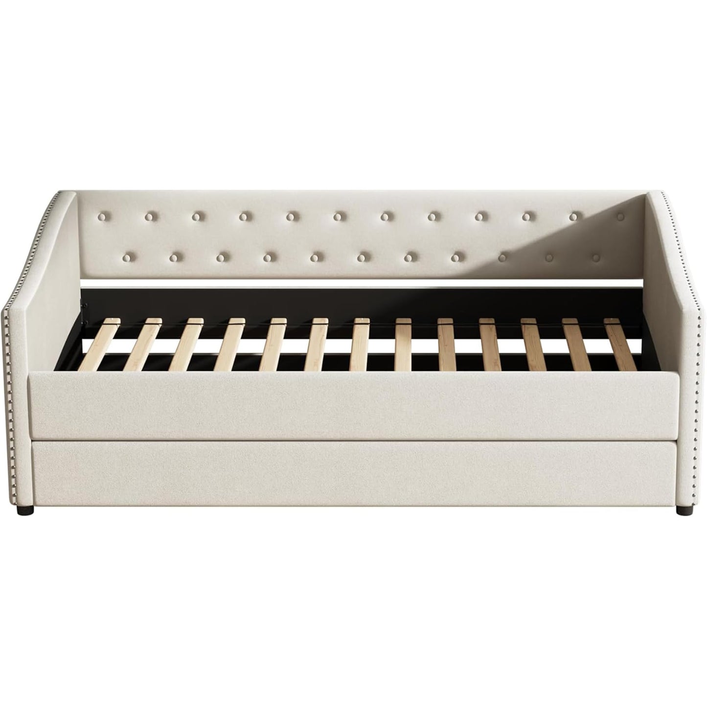 FAVSH Upholstered Daybed with Trundle, Twin Size Day Bed w/Button-Tufted Back and Piping on Waved-Shape Arms for Bedroom or Guest Room, No Box Spring Required,Beige