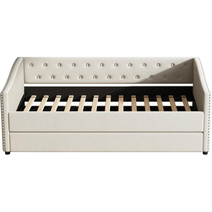 FAVSH Upholstered Daybed with Trundle, Twin Size Day Bed w/Button-Tufted Back and Piping on Waved-Shape Arms for Bedroom or Guest Room, No Box Spring Required,Beige