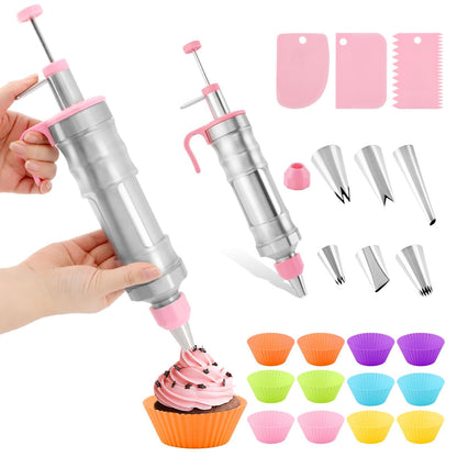 Dessert Decorating Syring-e Set,Frosting Piping Kit,Stainless Steels Cake Decora ting Kit with 6 Pipings Tips & 12 silicone cupcakes,Cupcake Decorating Kit Piping Bags and Tips Set