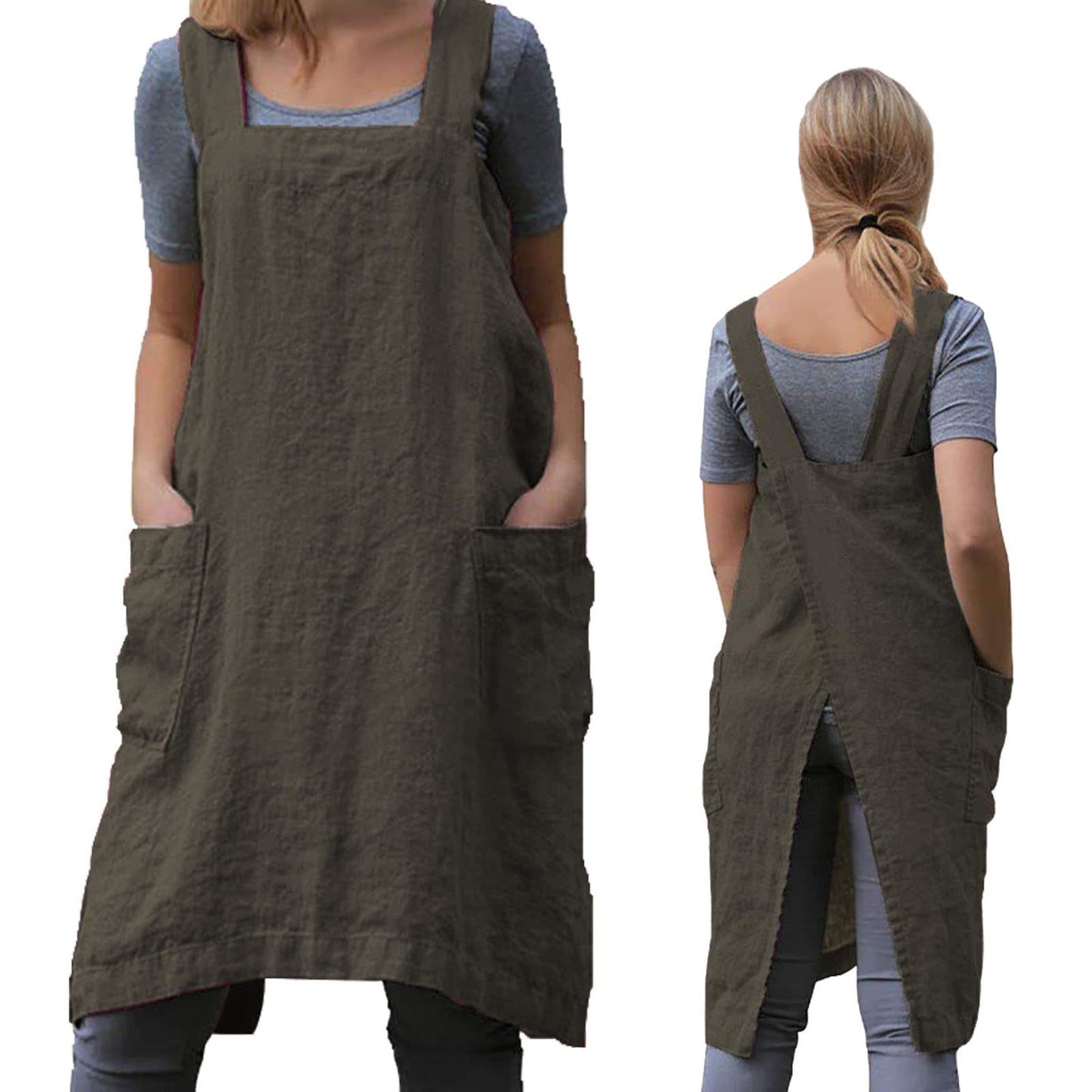 ZQFFB Pinafore Cross Back Apron for Women with Pockets Japanese Smock for Work Gardening Cooking Painting Baking