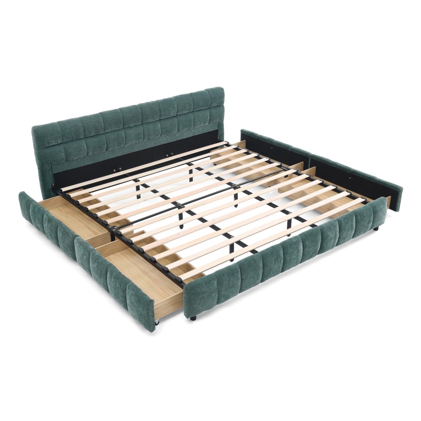 KEIKI King Thick Chenille Bed Frame with 4 Storage Drawer & Upholstered Tufted Headboard, Modern Solid Wood Floor Platform for Bedroom, No Box Spring Needed