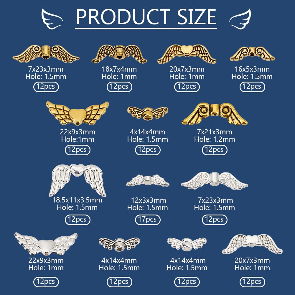 PH PandaHall 173pcs Wing Charms Metal Angel Wings Pendant Alloy Fairy Wing Beads Tibetan Style Metal Vintage Charms for DIY Jewelry Making Supplies Arts Crafts Necklace Bracelet, Silver/Gold