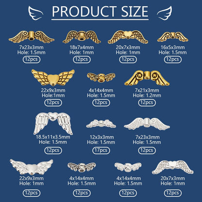 PH PandaHall 173pcs Wing Charms Metal Angel Wings Pendant Alloy Fairy Wing Beads Tibetan Style Metal Vintage Charms for DIY Jewelry Making Supplies Arts Crafts Necklace Bracelet, Silver/Gold
