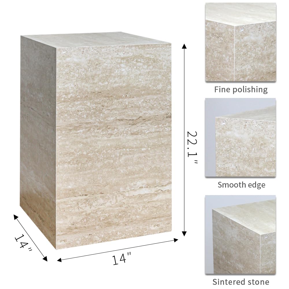 Modern Sintered Stone End Table for Living Room & Entryway, Sofa Table with Square Pedestal Base for Small Spaces, Fully Assembled & Low-Maintenance (Beige)