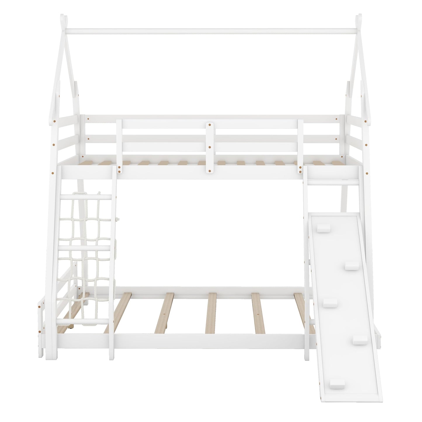 Bellemave Bunk Bed Twin Over Queen with Slides and Stairs, House Bunk Bed with Climbing Nets and Climbing Ramp for Kids, Teens, White