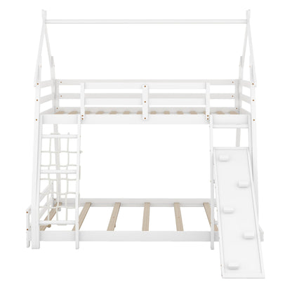 Bellemave Bunk Bed Twin Over Queen with Slides and Stairs, House Bunk Bed with Climbing Nets and Climbing Ramp for Kids, Teens, White