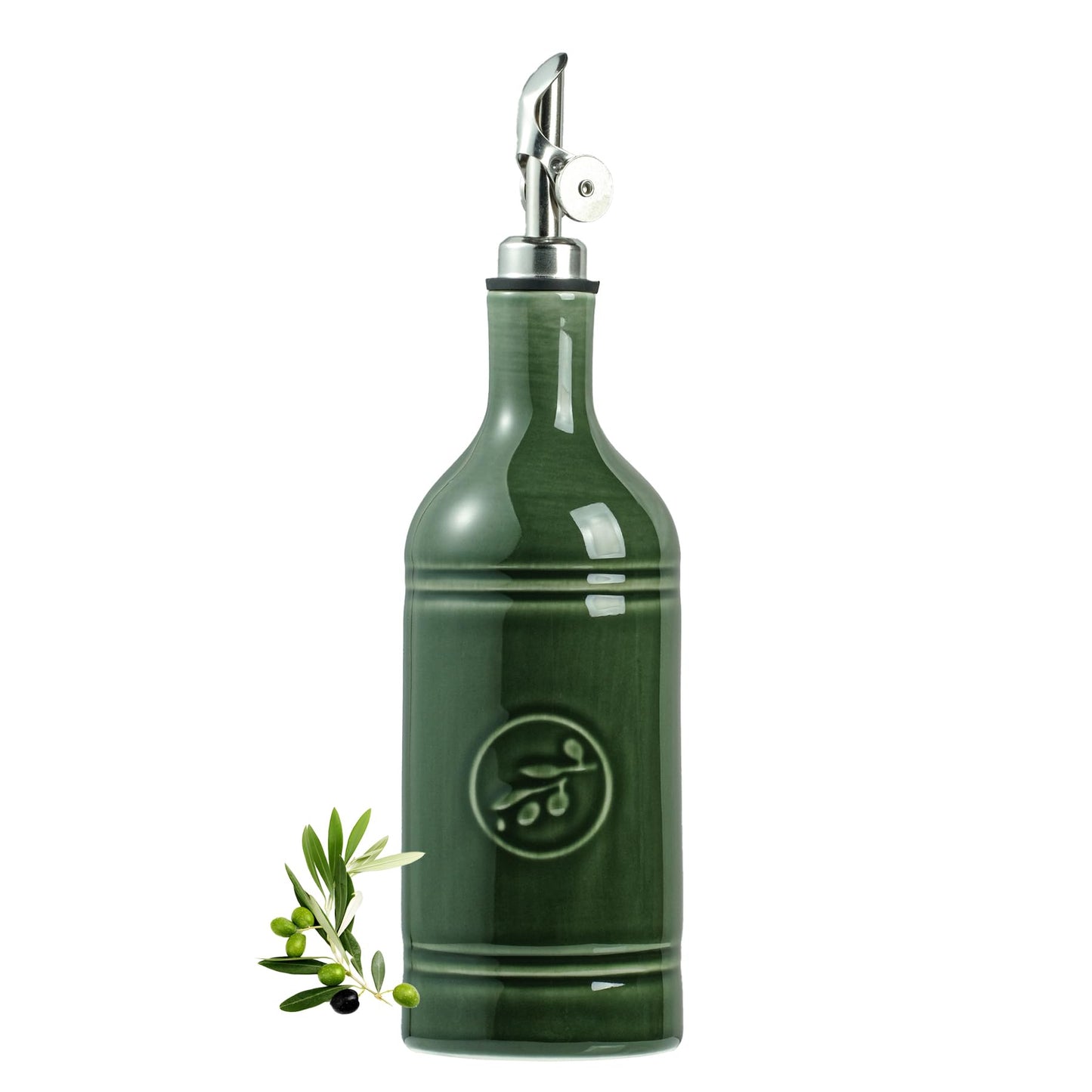 MIKIGEY Olive Oil Dispenser Bottle with Spout, 18 oz Ceramic Oil Dispensers for Kitchen, Opaque Cruet, EVOO & Vinegar Bottle with Automatic Stainless Steel Pourer, Pack of 1, Jade Green