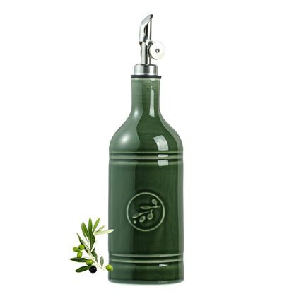 MIKIGEY Olive Oil Dispenser Bottle with Spout, 18 oz Ceramic Oil Dispensers for Kitchen, Opaque Cruet, EVOO & Vinegar Bottle with Automatic Stainless Steel Pourer, Pack of 1, Jade Green