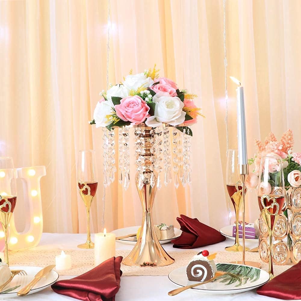 13"- 2pcs) Metal Wedding Centerpieces for Table, Crystal Flower Stands, Wedding Road Lead Flower Holders, Crystal