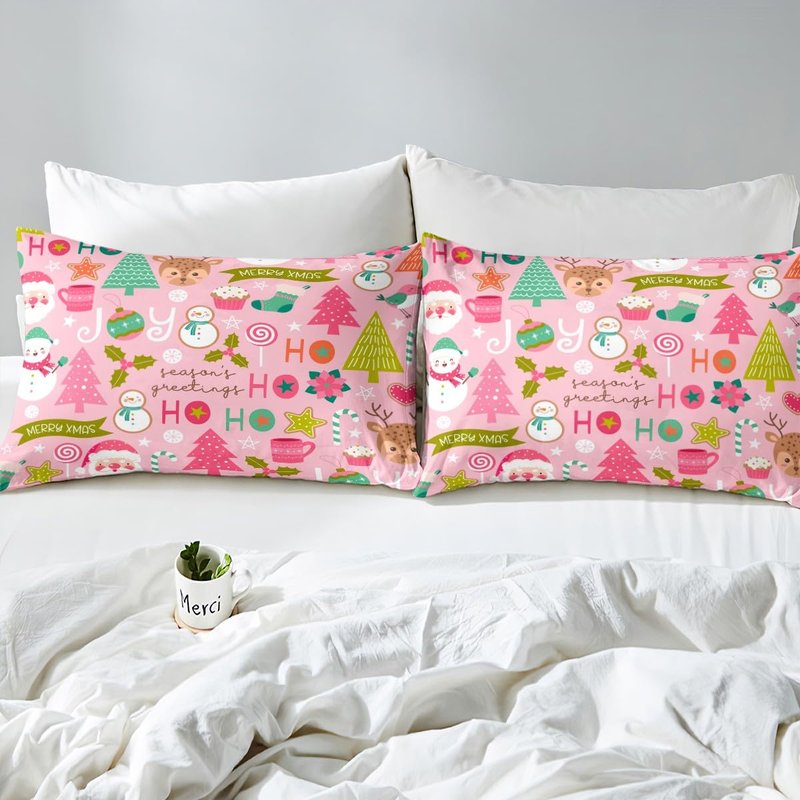 Erosebridal Pink Christmas Fitted Sheet Full, Cartoon Santa Claus Bedding Set for Kids Boys Girls Women Bedroom, Snowman Pine Bed Sheets Christmas Tree Deer Bedding Decor Set Xmas Decor,2 Pillowcases