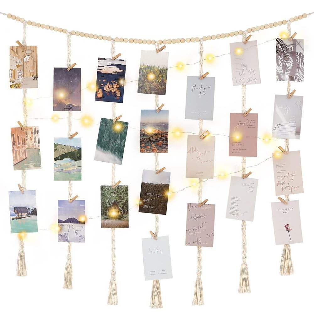 Funvalley Surperfect Macrame Hanging Photo Display Wall Decor with String Lights, Boho Wooden Beads Garland Collage Picture Card Frame Holder with 45 Clips for Bedroom Living Room Dorm