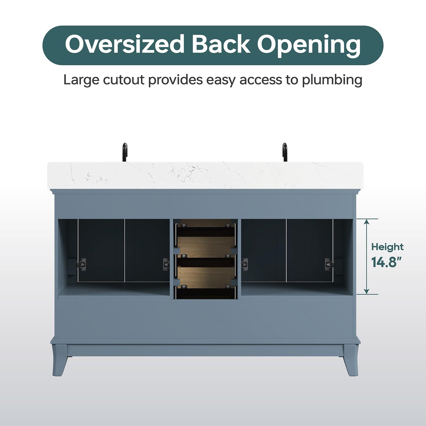 DELUXE LIVING 60 Inch Bathroom Vanity Double Sink, Fully Assembled Solid Wood Frame Double Sink Bathroom Vanity with Soft Closing Doors & Full Extension Dovetail Drawers, Quartz Top, Steel Blue