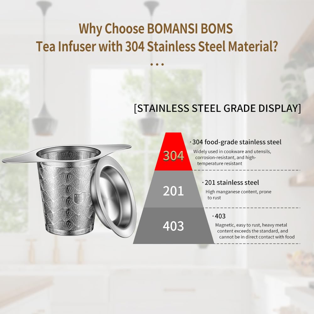 2Pack Extra Fine 18/8 Stainless Steel Tea Infuser BOMANSI BOMS Tea Strainer with Large Capacity & Perfect Size Double Handles for Hanging on Teapots, Mugs, Cups to Steep Loose Leaf Tea and Coffee