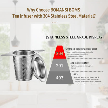 2Pack Extra Fine 18/8 Stainless Steel Tea Infuser BOMANSI BOMS Tea Strainer with Large Capacity & Perfect Size Double Handles for Hanging on Teapots, Mugs, Cups to Steep Loose Leaf Tea and Coffee