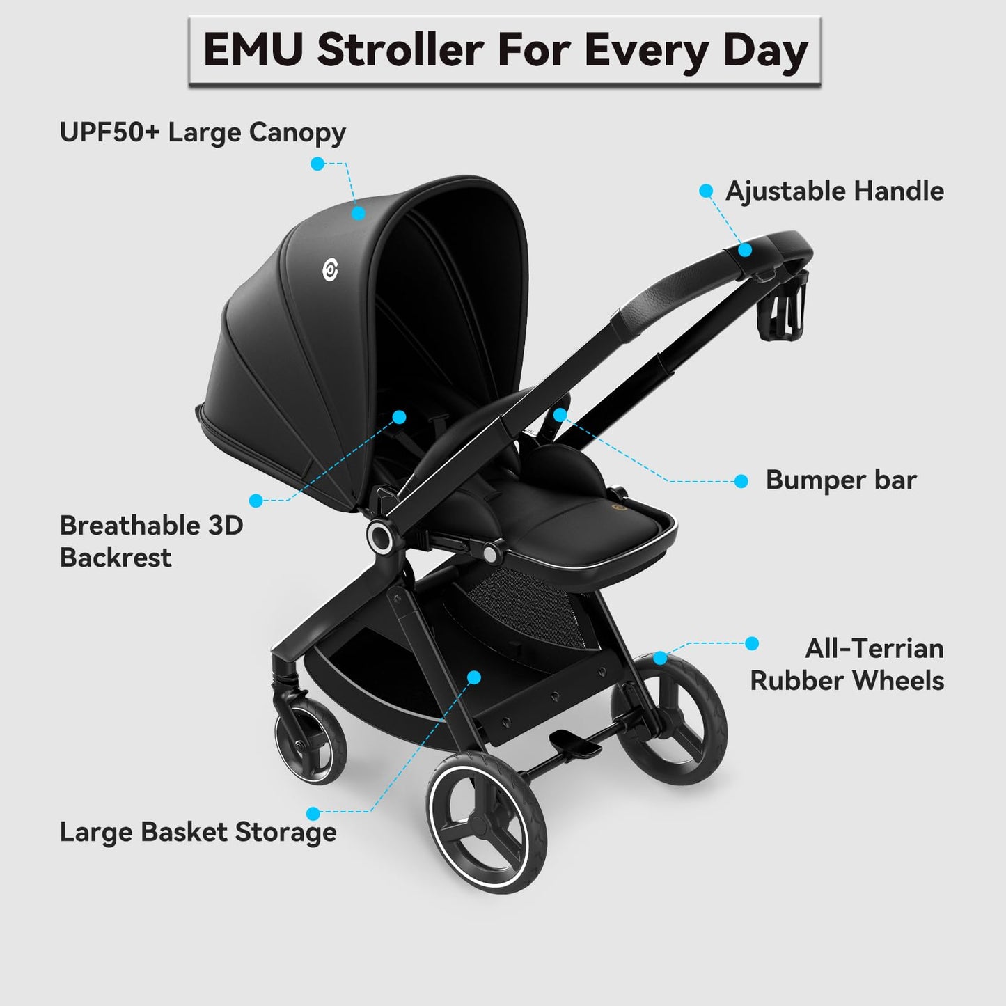 ELITTLE EMU Baby Stroller with Reversible Seat Full-Size Infant Stroller with Full Recline Cockpit Compact Foldable Toddler Carriage for Outdoor City - Black