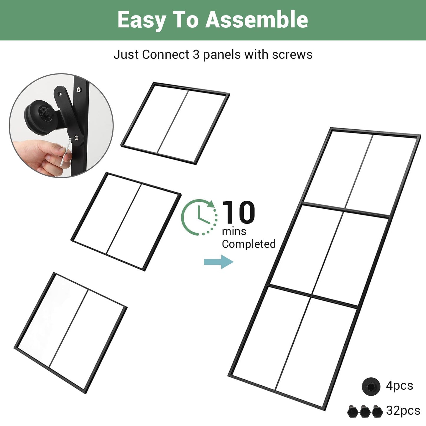 36 x 84" Glass Barn Door with 3-Panel Frosted Tempered Glass, 6 ft Top Mount Sliding Door Kit with Soft Close Mechanism,Black Carbon Steel Tempered Glass Sliding Door,Easy Assembly, Hardware Included