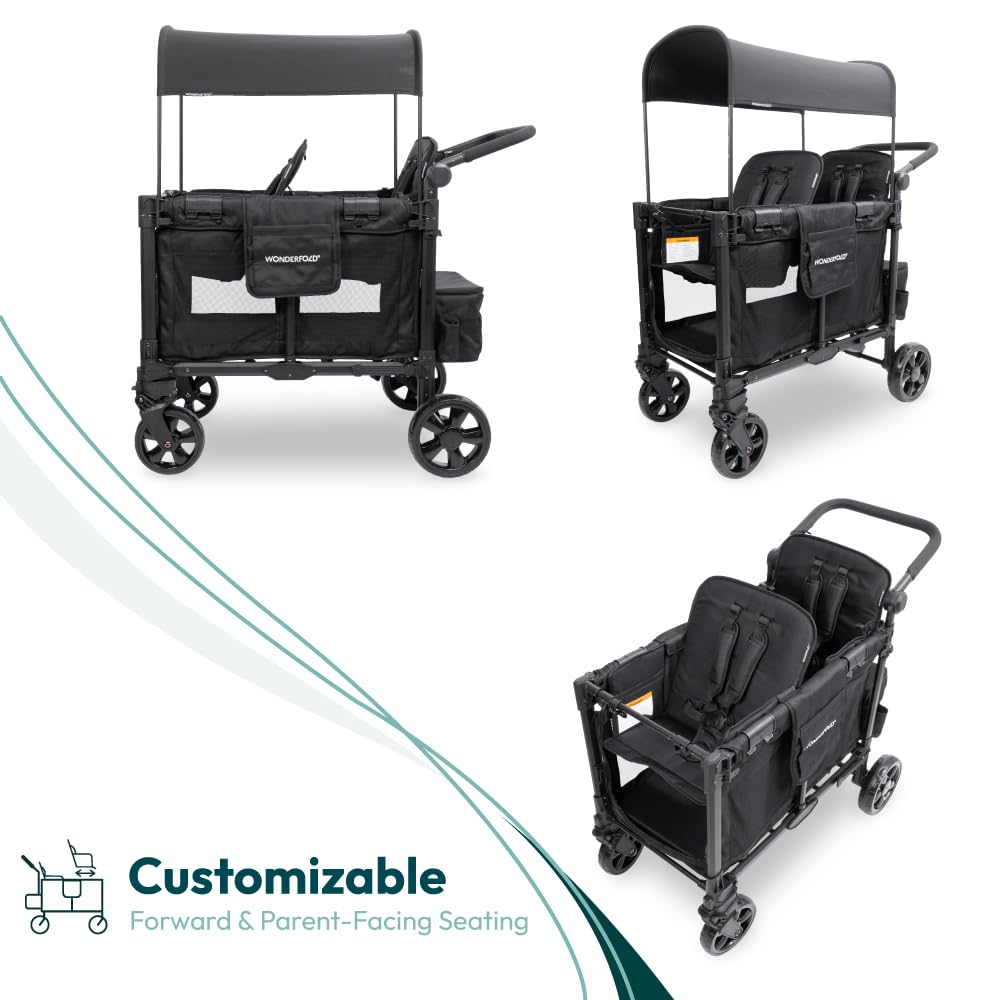 WonderFold W2 Elite Pro Stroller Wagon - Foldable Wagon with Aluminum Frame - Adjustable Canopy & Push Handle - All-Terrain Wheels - for Babies, Toddlers & Kids - 4 Seater - Gray