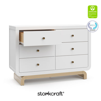 Storkcraft Santorini 6 Drawer Double Dresser (White with Driftwood) - GREENGUARD Gold Certified, Interlocking Drawer System, Dresser Drawer Organizer for Kids Bedroom