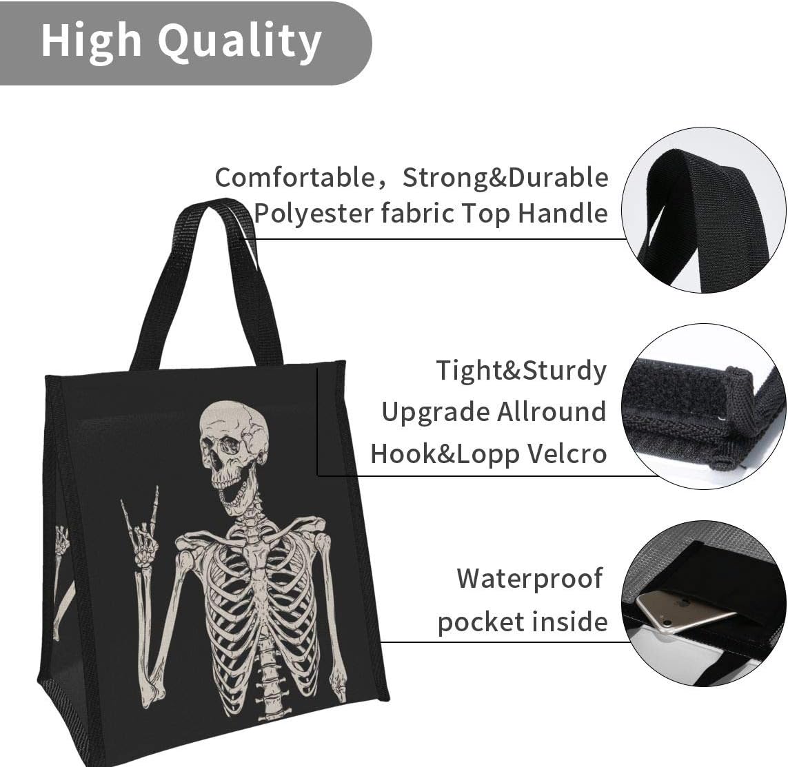 Ouqiuwa Cute Reusable Lunch Bag, Lunch Tote Handbag for Women Men, Rock and Roll Skeleton
