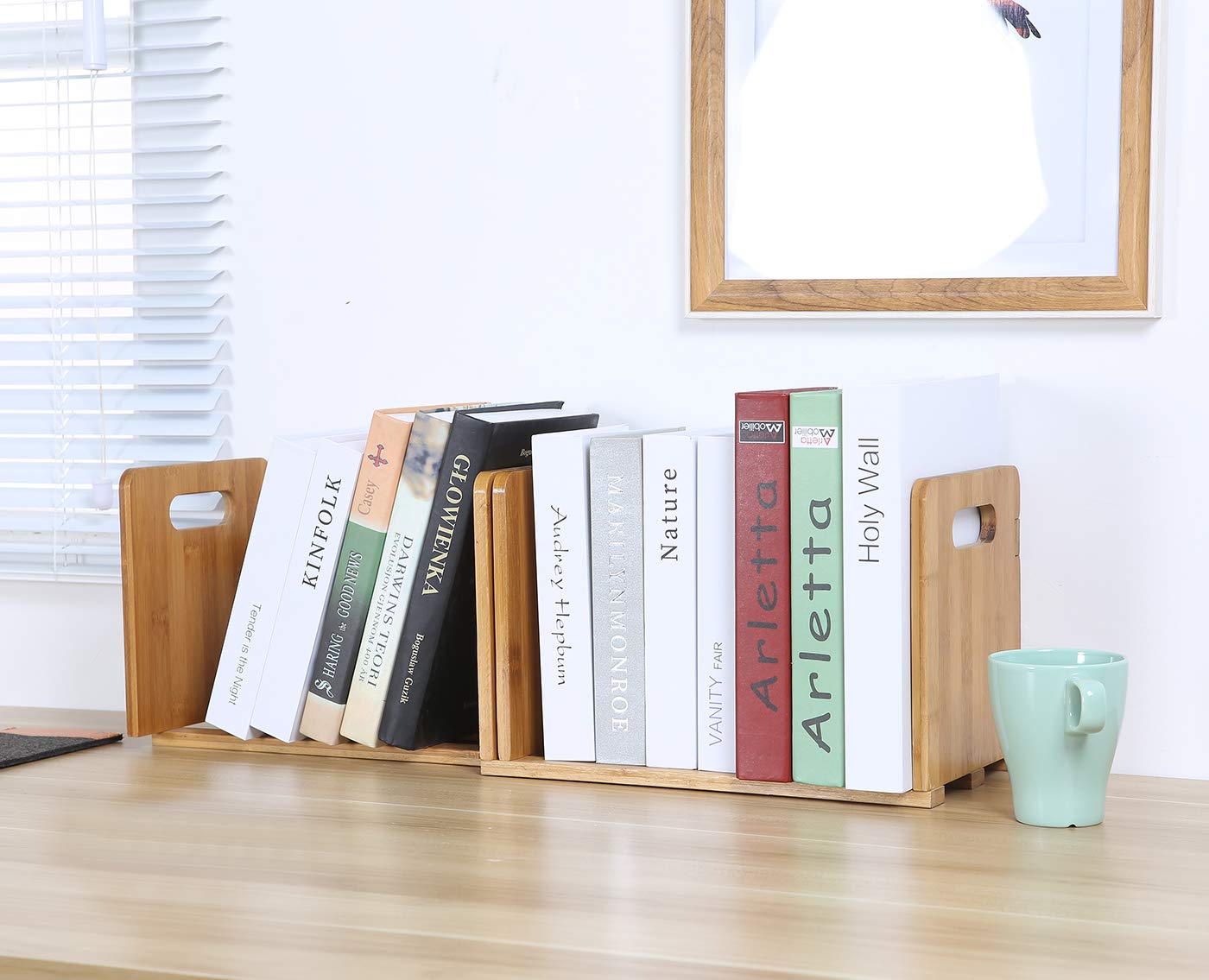Salafey Expandable Desktop Bookshelf,Bamboo Desktop Bookcase,Mini Bookshelf Organizer Tabletop Bookshelf for Office Home Tabletop