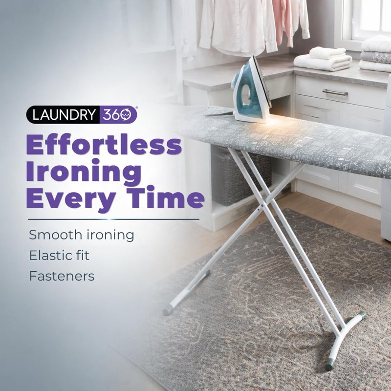 Laundry 360 Ironing Board Cover with Pad Grey Color | Elastic Edge Hook Loop Fasteners | Scorch Resistant Cotton Surface | Complete Replacement Set