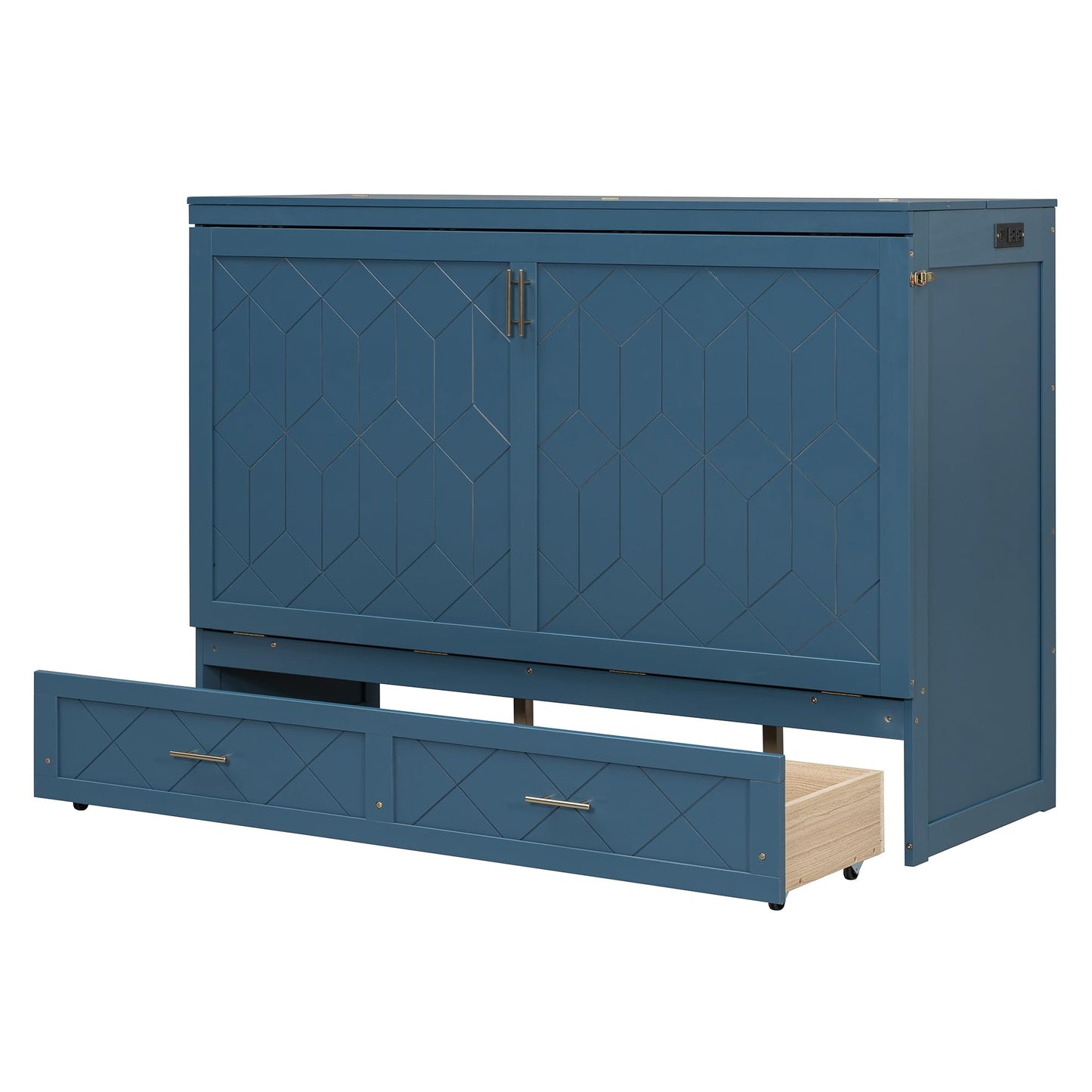 Merax Queen Size Murphy Cabinet Bed with Storage Drawers, Wall Murphy Bed with a Set of Sockets & USB Ports, Folding Platform Bed for Small Room