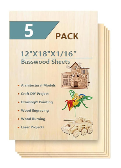 5 Pack 12"x18"x1/16 Basswood Sheets for Crafts- Thin Plywood Sheets - Balsa Wood Sheets -Unfinished Wood Boards for Painting,Laser Cutting,Engraving, Burning and CNC Cutting