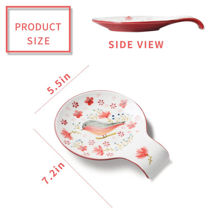 Magclay Hand Painted Spoon Rest, 5.5" Ceramic Spoon Holder for Stove Top and Kitchen Counter, Red Spring Bird Utensil Rest, Great Cooking Gifts for Bird Lover/Friend, Modern Kitchen Decorative