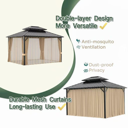 SOLUMIA 10x12ft Hardtop Gazebo, Metal Pavilion with Mesh Mosquito Netting & Curtains, All-Weather Outdoor Pergola for Garden, Patio, and Backyard（A Set of 2 Boxes）