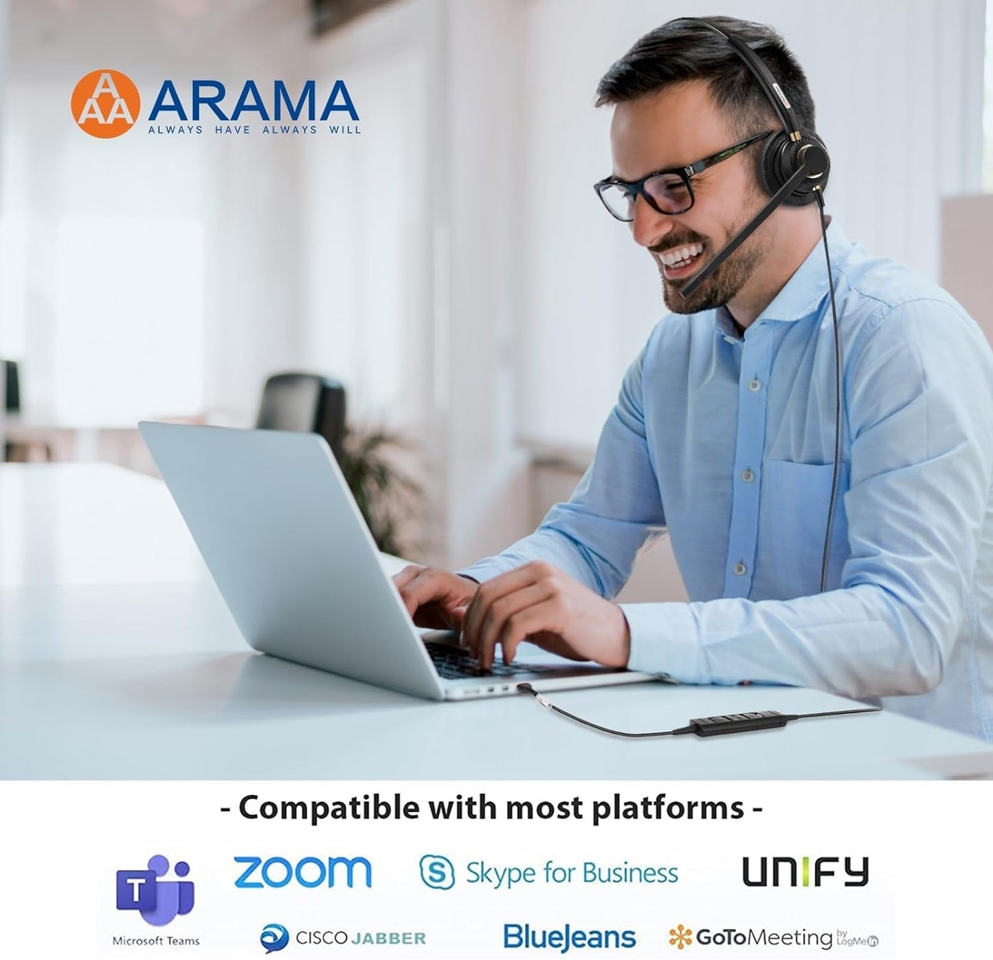 Arama USB Headset with Microphone for PC, Noise Cancelling & Audio Controls Ultra Comfort USB Headphone for Computer Laptop Pc Business Skype UC Webinar Call Center Office