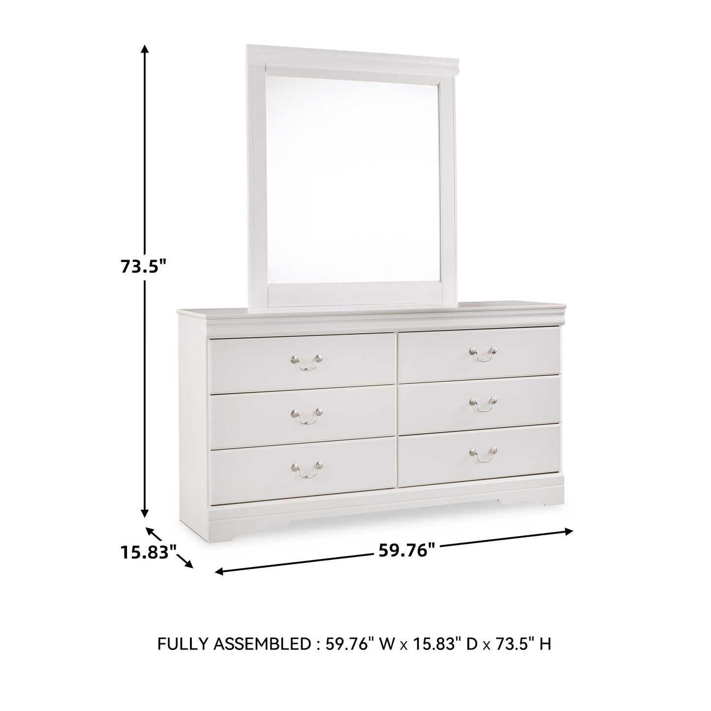 Signature Design by Ashley Anarasia Traditional Smooth-Gliding 6-Drawer Dresser and Mirror with Safety Stop, White