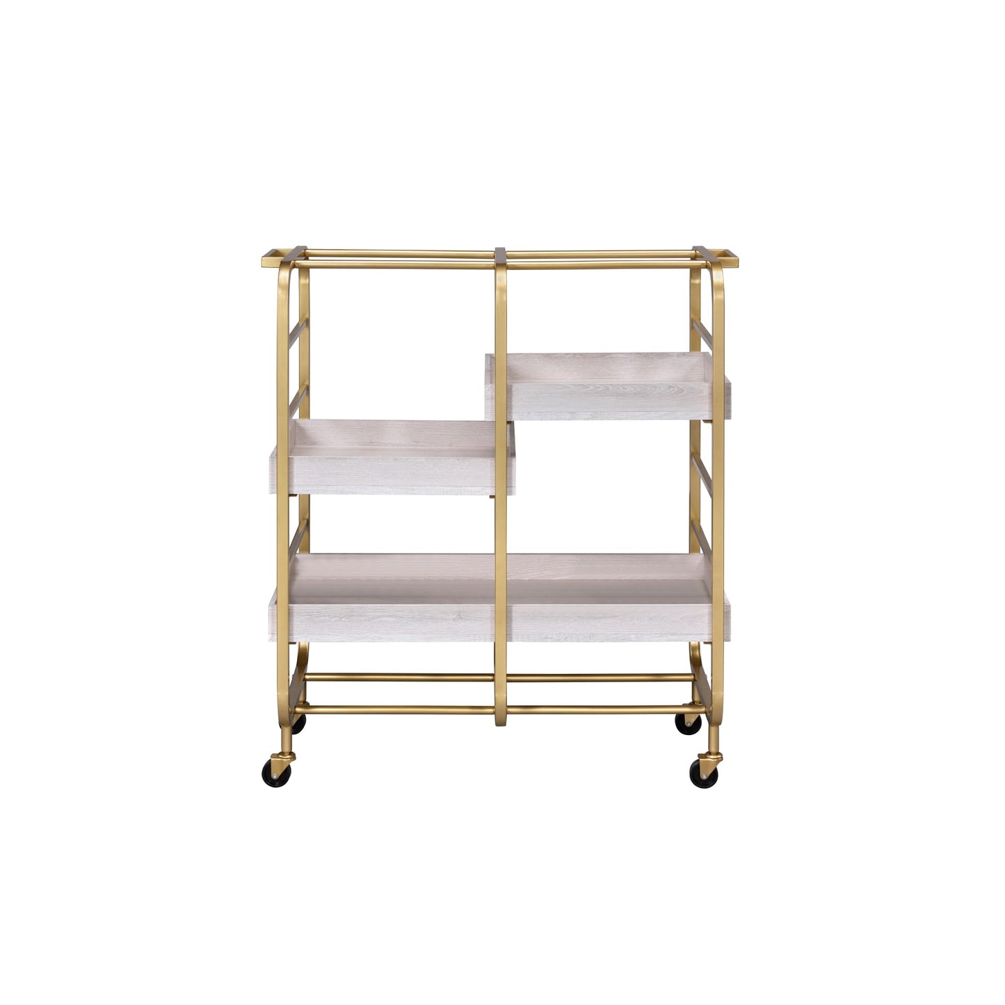 roomfitters Vorrik Gold and White Washed Serving Cart, Glamorous 3-Tier Hollywood Regency Rolling Trolley, 3 Adjustable White Washed Wood Trays