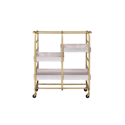 roomfitters Vorrik Gold and White Washed Serving Cart, Glamorous 3-Tier Hollywood Regency Rolling Trolley, 3 Adjustable White Washed Wood Trays