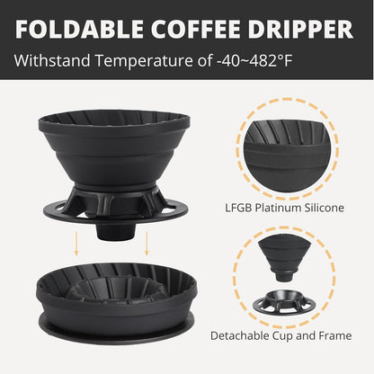Portable Pour Over Coffee Maker Set, Collapsible Silicone Dripper, Perfect for Travel, Camping, Outdoors