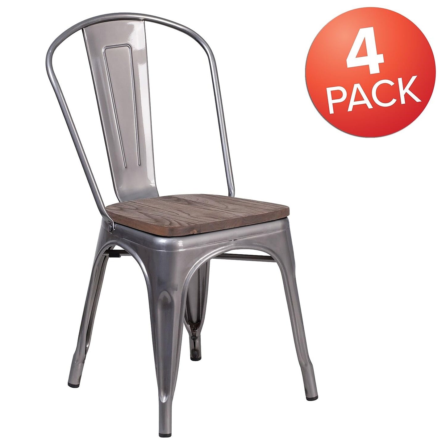 Flash Furniture Lincoln 4 Pack Clear Coated Metal Stackable Chair with Wood Seat