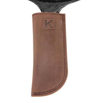 Knapp Made Bourbon Brown 5.5” Extra Thick Leather cast Iron Skillet Handle Covers - Pot Handle Covers, Double Layered Double Stitched, Slides On and Off Easily onto Metal Skillet Grips.