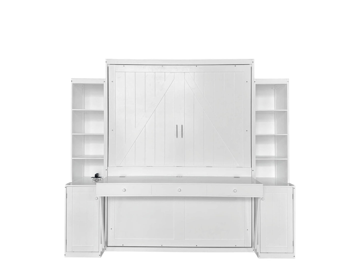 PVWIIK Queen Size Murphy Bed with Desk & Storage Cabinet,Shelf,Wall Bed Frame Folding into Cabinet Design w/Multifunctional Bed Frame for Small Space,Bedroom,Guest Room,White