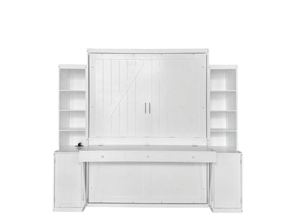 PVWIIK Queen Size Murphy Bed with Desk & Storage Cabinet,Shelf,Wall Bed Frame Folding into Cabinet Design w/Multifunctional Bed Frame for Small Space,Bedroom,Guest Room,White