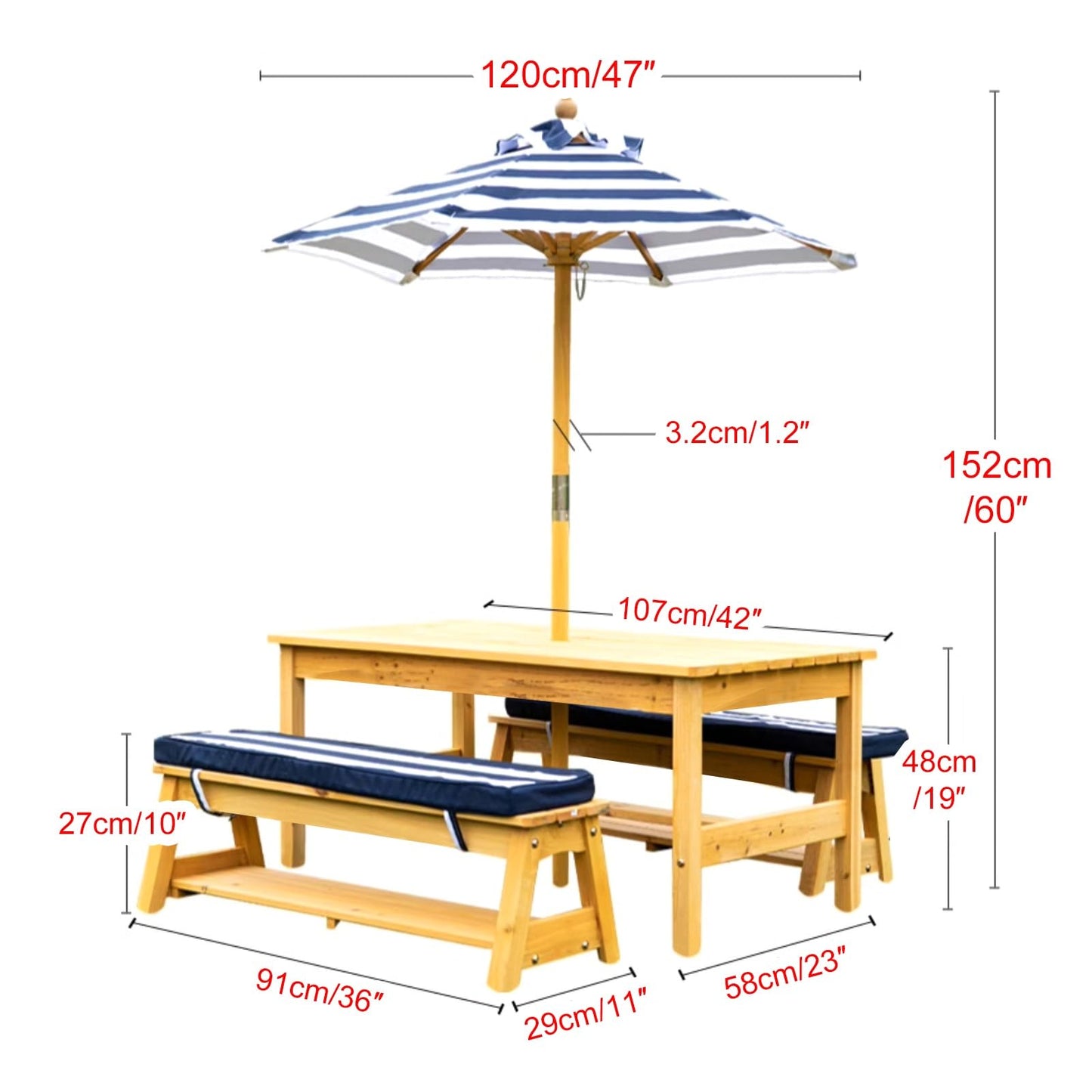 LLZJDDPLY Kids Picnic Tables, Wooden Kids Picnic Tables for Outdoors with Removable Umbrella & Cushions, Toddler Picnic Table, for Backyard Lawn Patio(Red)