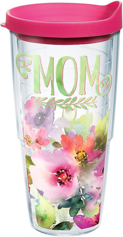 Tervis Mom Watercolor Floral Tumbler, 24oz, with Wrap and Fuchsia Lid, Clear