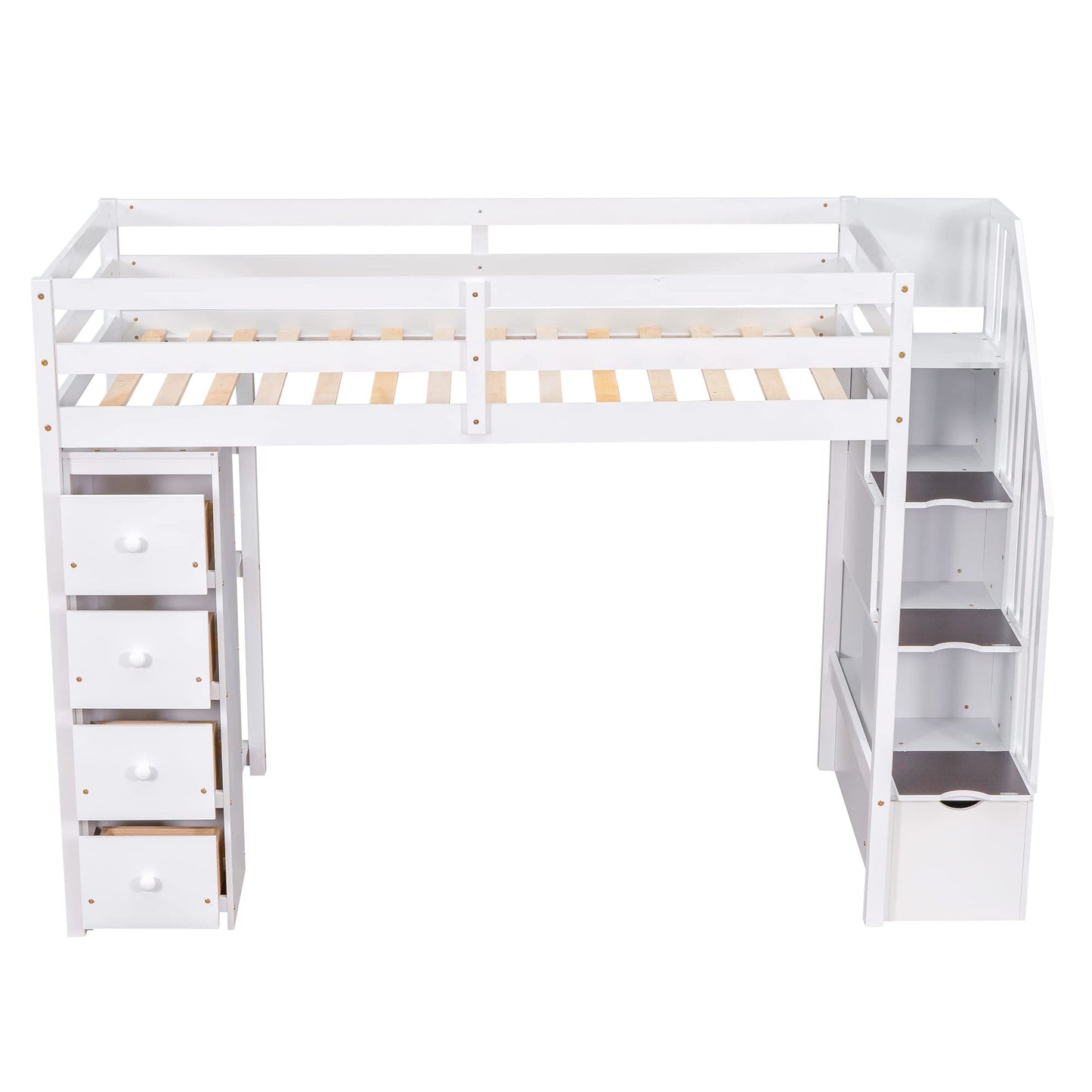 Merax Twin-Size Loft Bed with Storage Drawers and Stairs, Wooden Loft Bed with Shelves for Teens, White