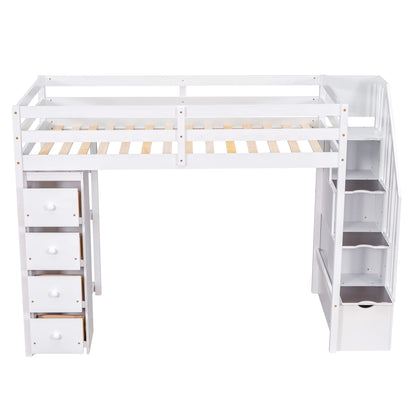 Merax Twin-Size Loft Bed with Storage Drawers and Stairs, Wooden Loft Bed with Shelves for Teens, White